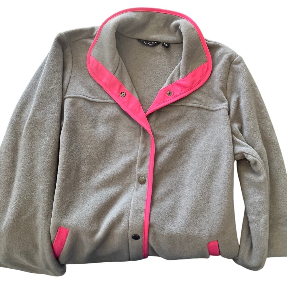 Susan Graver Weekend Fleece Jacket Snap Front Gray‎ Pink Trim Womens